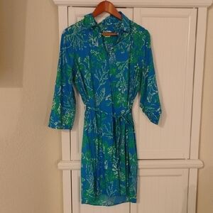 Lilly Pulitzer Natalie Shirt Vibrant Blue and Green Dress Med